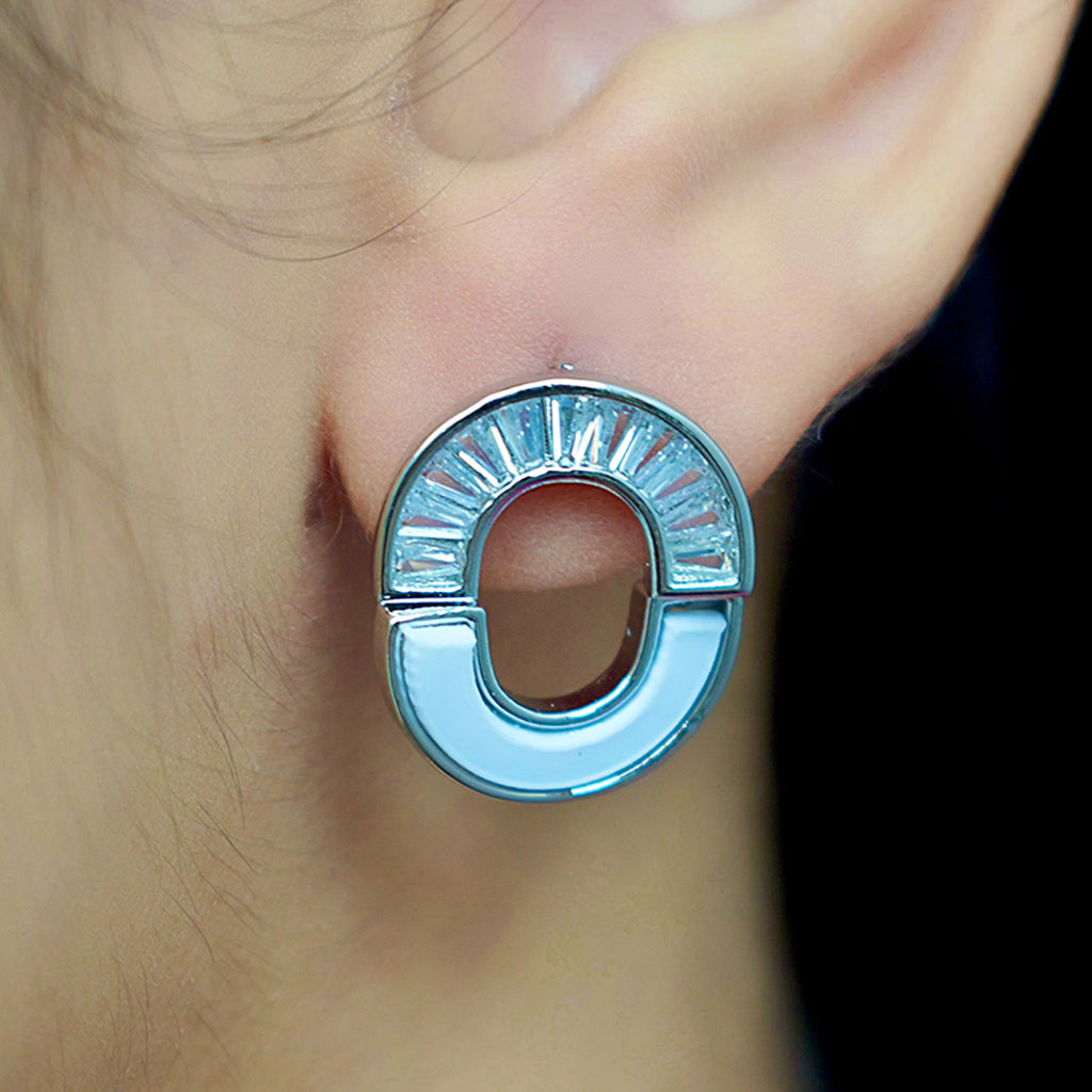 side view of kansobi silver round zirconia stone earrings worn by a girl