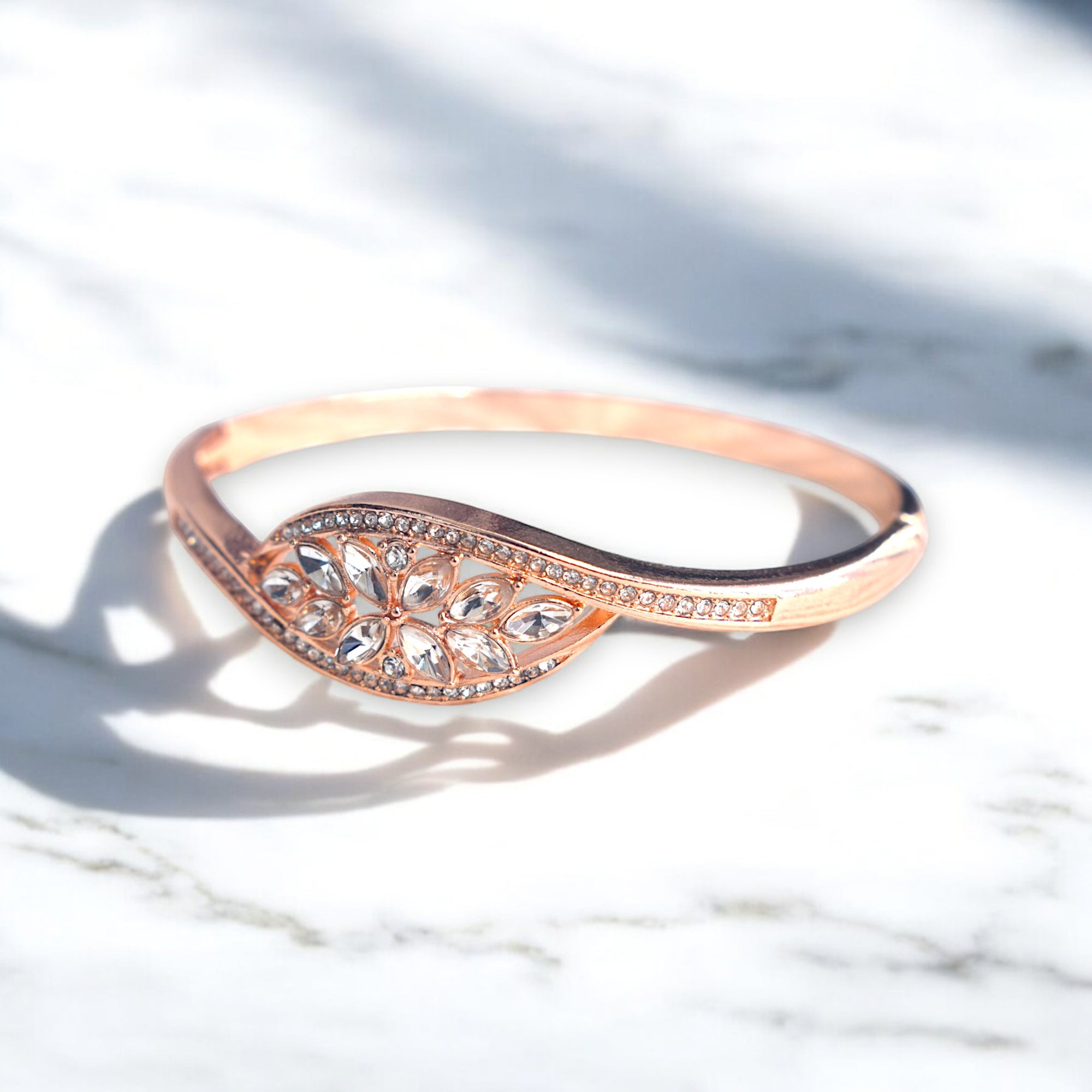 Elegant Japanese-inspired rose gold Zirconia bracelet with delicate floral crystal accents