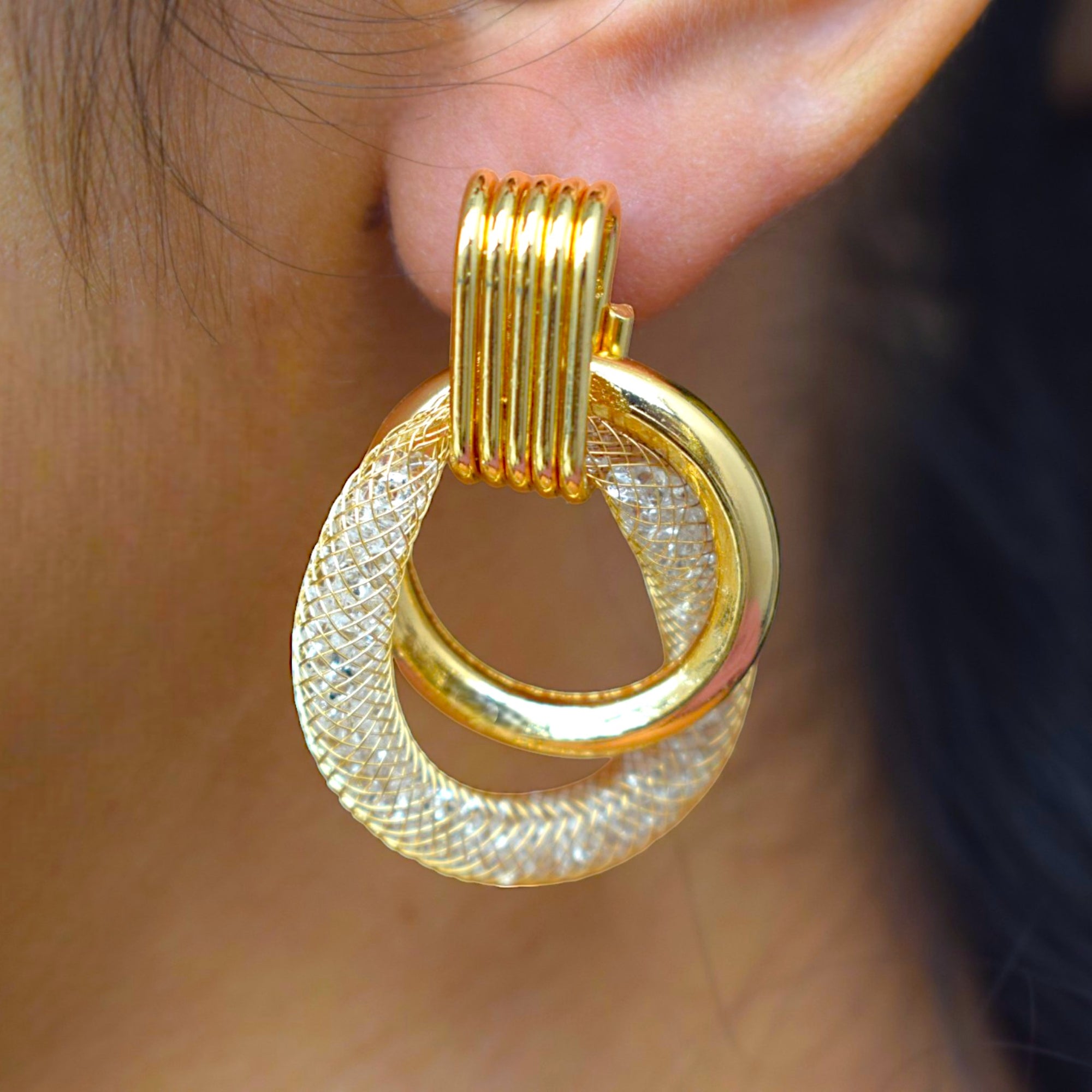 14K gold color plated hoop earring with sparkling zirconia diamonds in a sleek, modern design