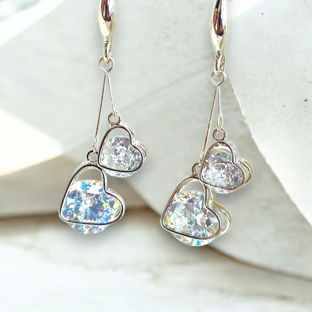 Silver heart-shaped dangle earrings with sparkling cubic zirconia crystals Korean jewelry
