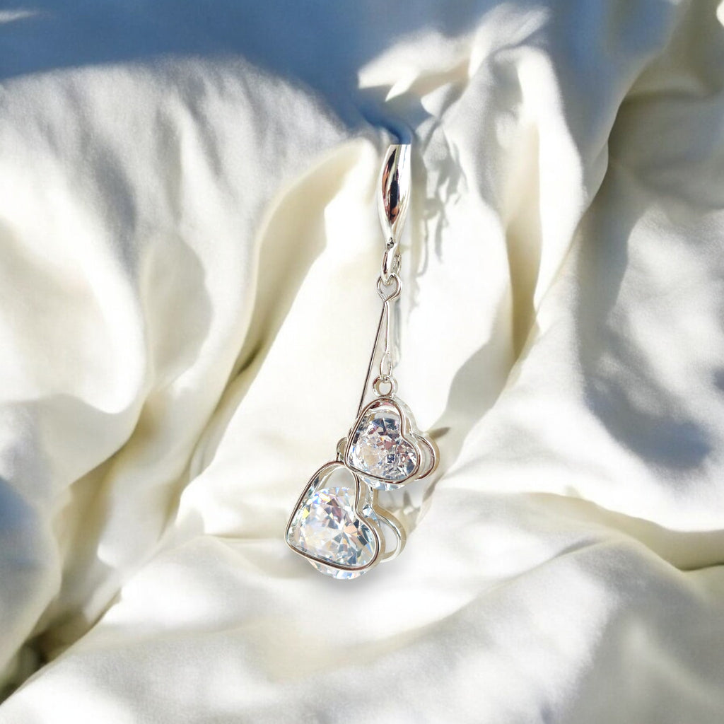 Silver heart-shaped dangle earrings with sparkling cubic zirconia crystals Korean jewelry