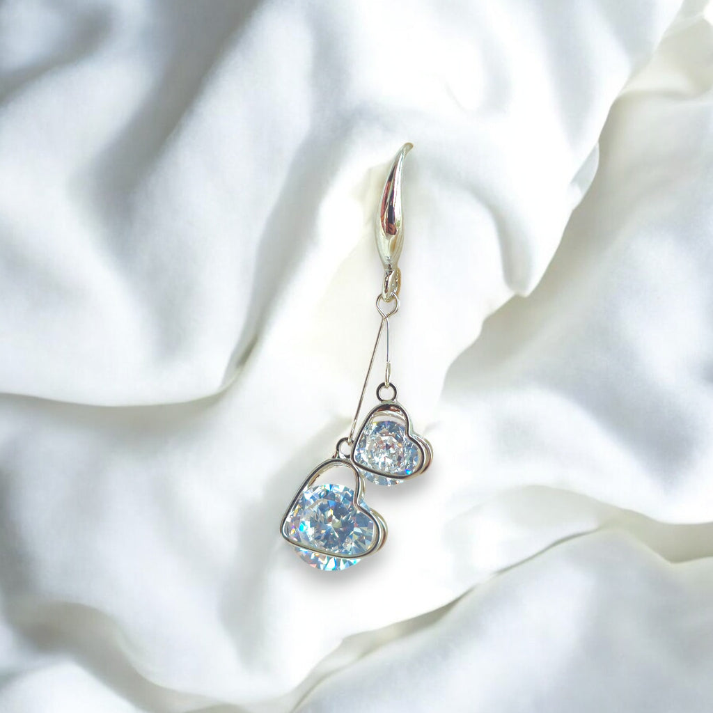 Silver heart-shaped dangle earrings with sparkling cubic zirconia crystals Korean jewelry