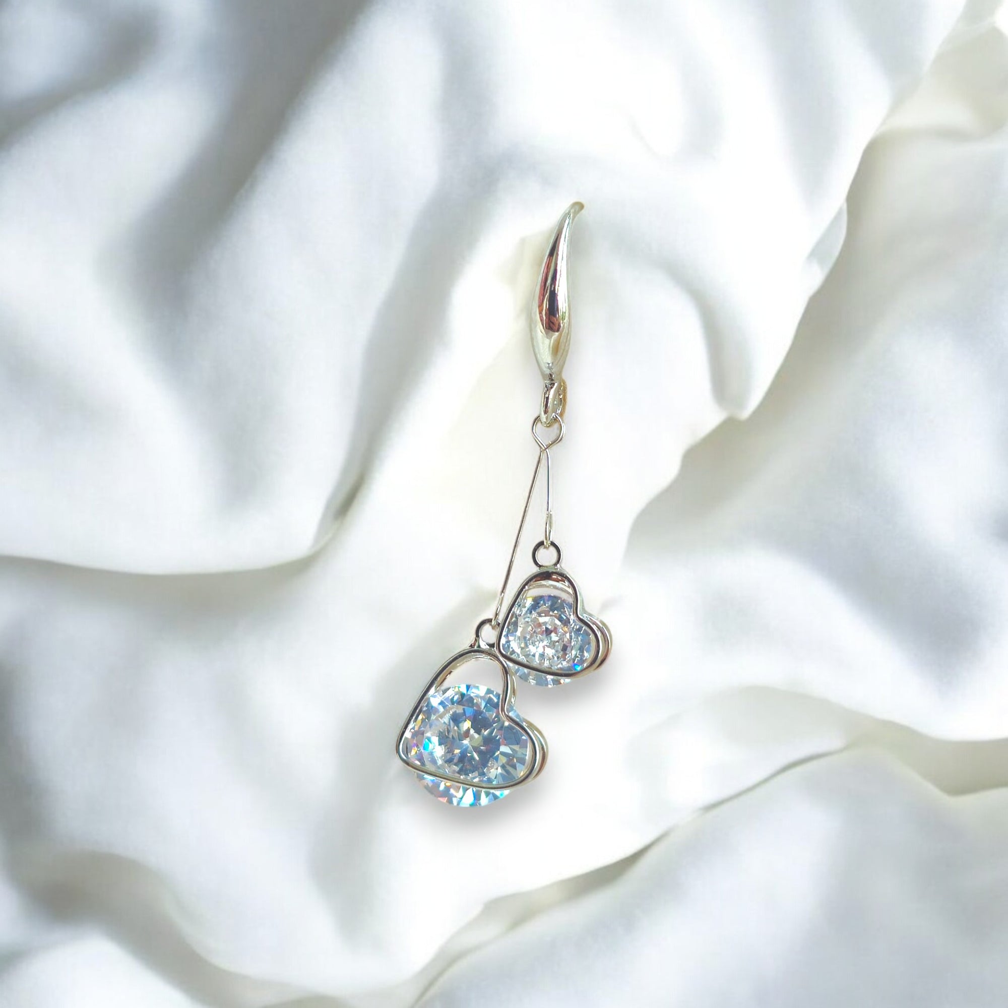 Silver heart-shaped dangle earrings with sparkling cubic zirconia crystals Korean jewelry